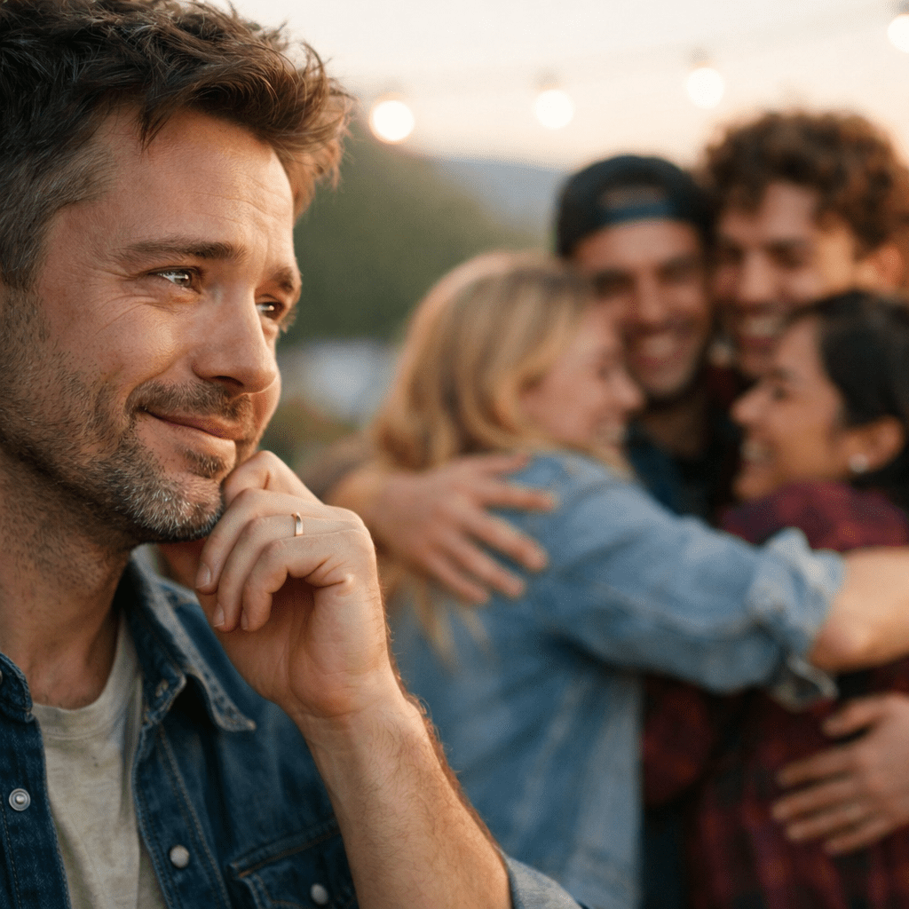 Man with thoughtful expression in foreground while group of friends hug in background