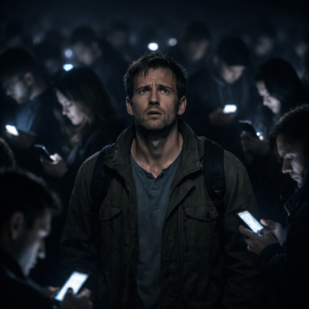 Man looking distressed standing in a crowd of people focused on their smartphones