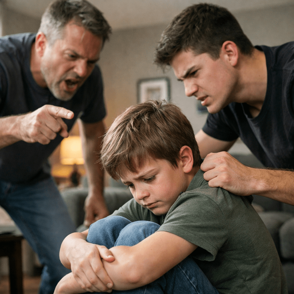 Young boy sitting curled up with sad expression while two males angrily point and grab his shoulders.