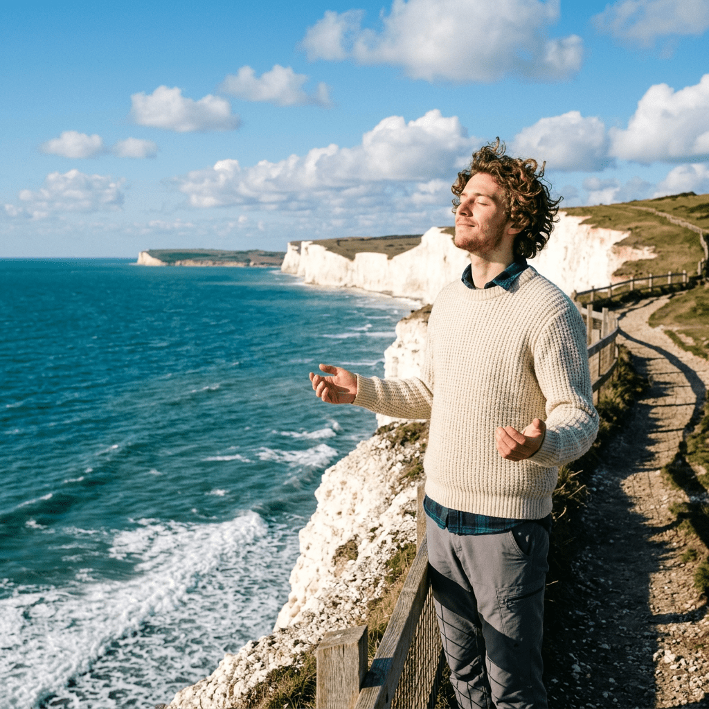 Man standing near coastal cliffs with eyes closed, feeling the breeze